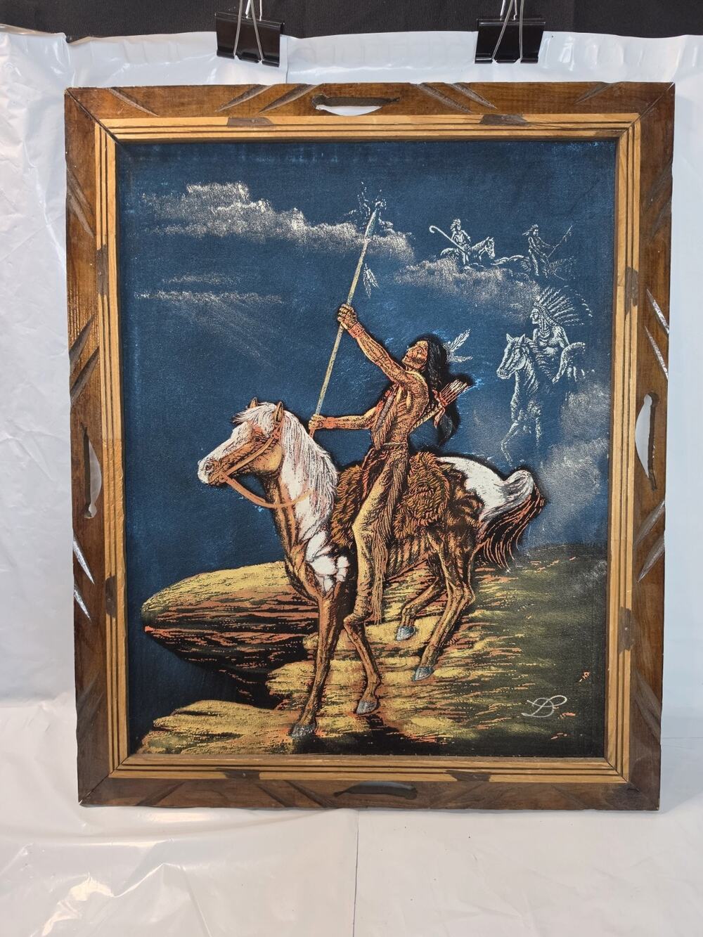 Vintage 1970s Mexican Black Velvet Painting,Native American Warrior on Horse, LD